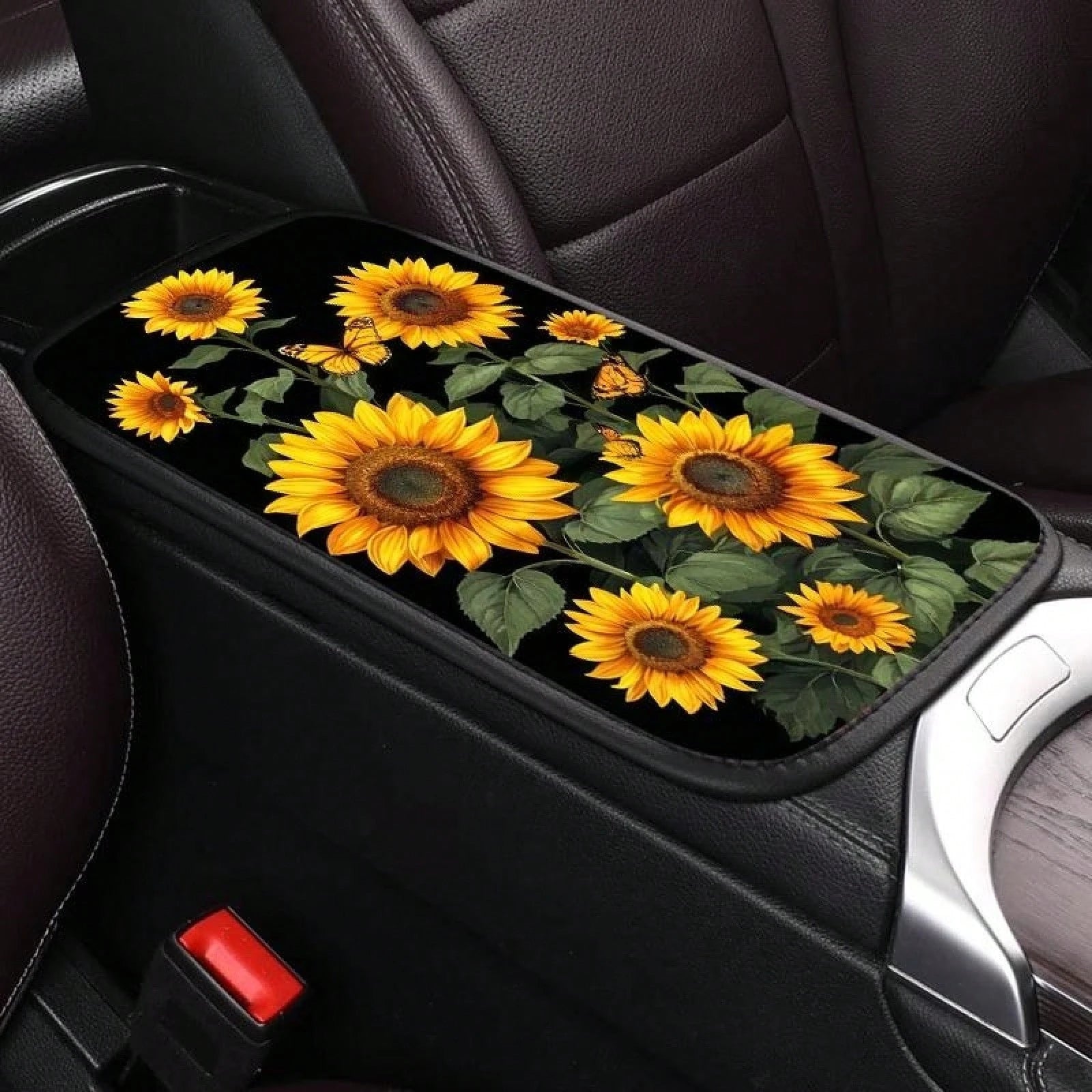 Sunflower Art Car Center Console Cover Mat, Soft, Waterproof, Non-Slip, Easy To Clean, Universal Fit, Suitable For SUVs, Trucks, Minivans, Daily Commuting, Long Distance Travel, Interior Accessory, Un