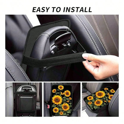 Sunflower Art Car Center Console Cover Mat, Soft, Waterproof, Non-Slip, Easy To Clean, Universal Fit, Suitable For SUVs, Trucks, Minivans, Daily Commuting, Long Distance Travel, Interior Accessory, Un