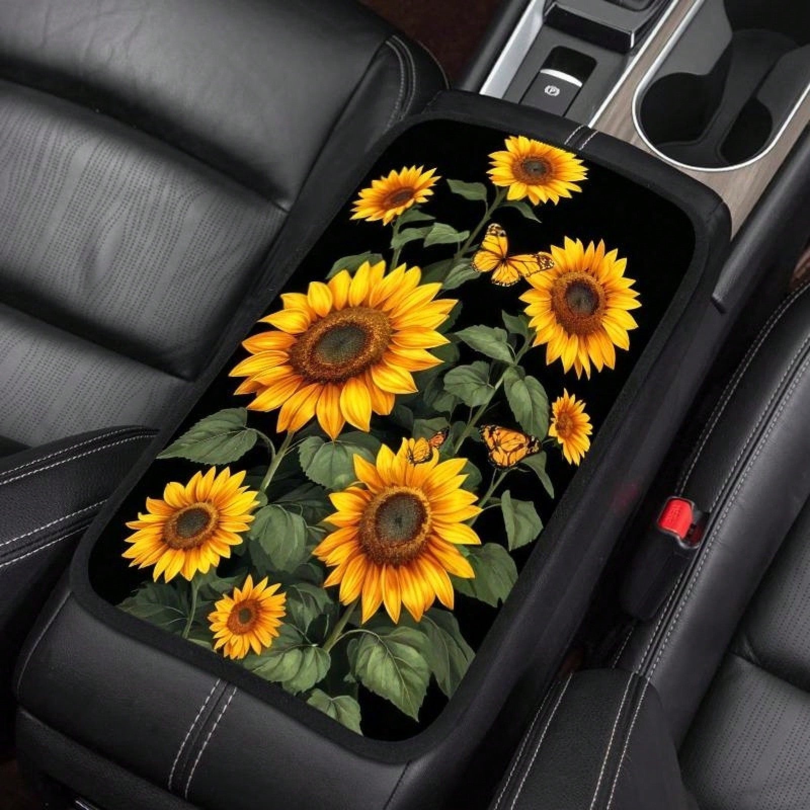 Sunflower Art Car Center Console Cover Mat, Soft, Waterproof, Non-Slip, Easy To Clean, Universal Fit, Suitable For SUVs, Trucks, Minivans, Daily Commuting, Long Distance Travel, Interior Accessory, Un
