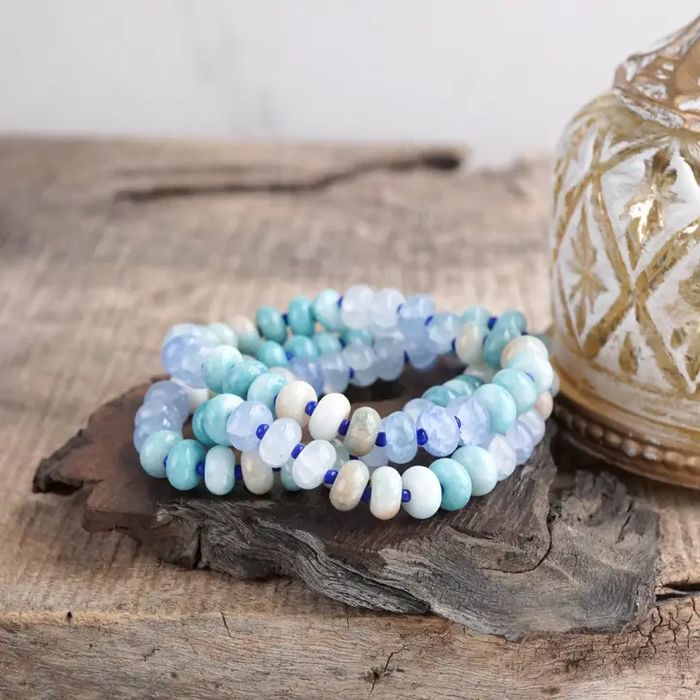 Sunlit Drift Crackle Glass Rondelle Bracelet Set Blue Mix
