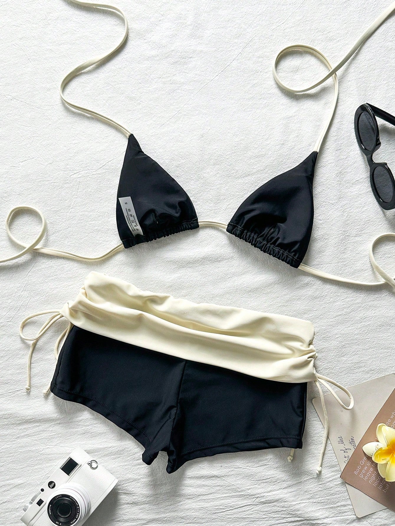 Sunnyshic Halter Triangle Bikini Set With High-Waist Shorts, Summer Hot Spring Vacation Swimsuit, Suitable For Beach