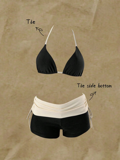 Sunnyshic Halter Triangle Bikini Set With High-Waist Shorts, Summer Hot Spring Vacation Swimsuit, Suitable For Beach