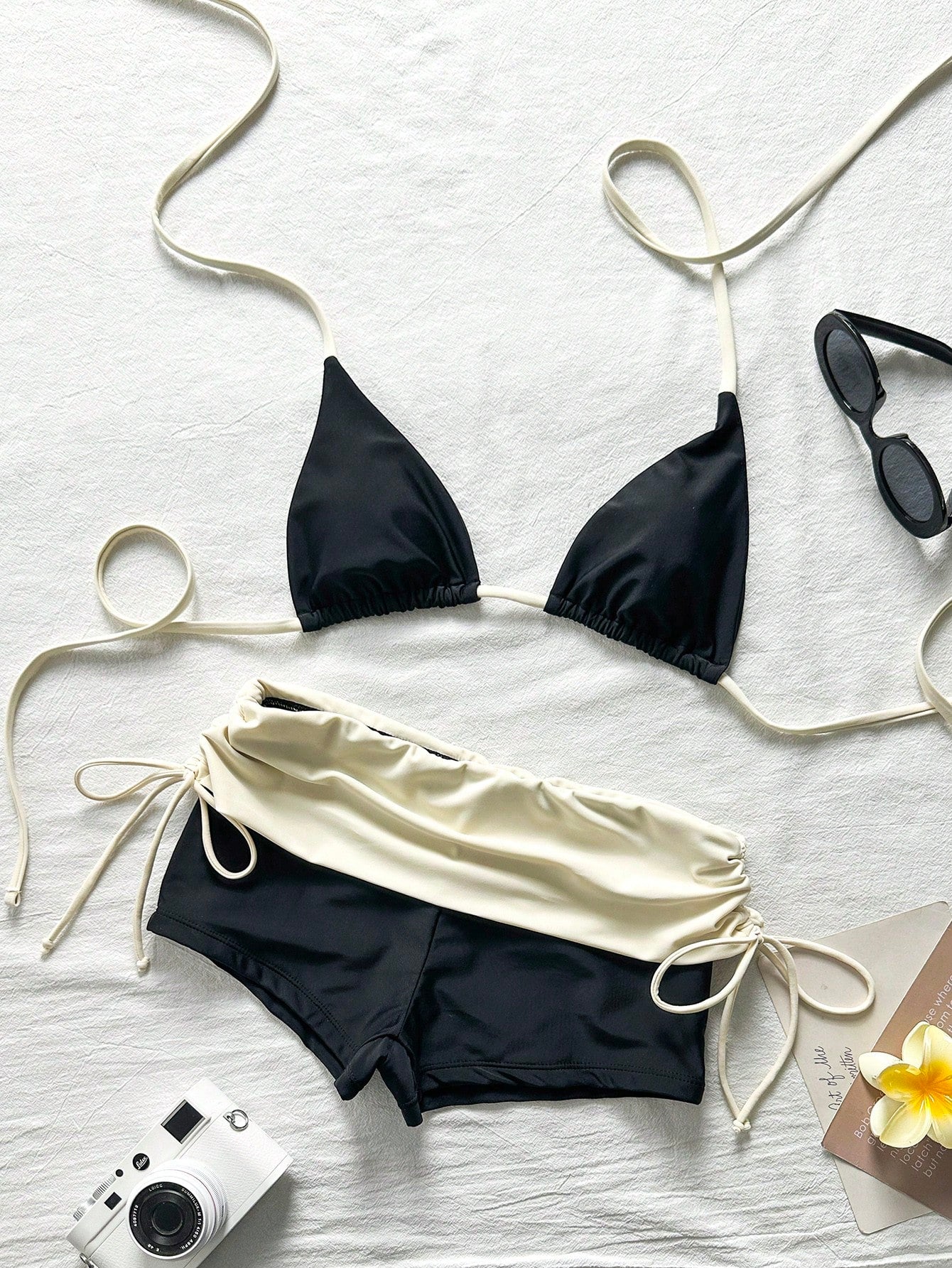 Sunnyshic Halter Triangle Bikini Set With High-Waist Shorts, Summer Hot Spring Vacation Swimsuit, Suitable For Beach
