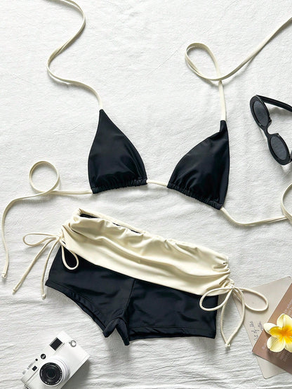 Sunnyshic Halter Triangle Bikini Set With High-Waist Shorts, Summer Hot Spring Vacation Swimsuit, Suitable For Beach