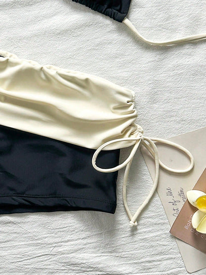 Sunnyshic Halter Triangle Bikini Set With High-Waist Shorts, Summer Hot Spring Vacation Swimsuit, Suitable For Beach