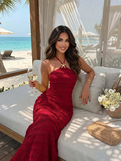 Sunnyshic Women's Spring/Summer Red Hanging Straight Long Mermaid Dress, Beach Outfit, Beach Dress, Summer Dress, Sexy Charming Fashion Seaside Vacation Style