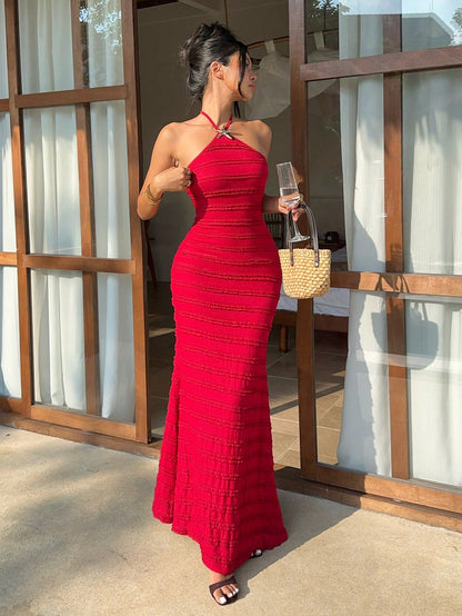 Sunnyshic Women's Spring/Summer Red Hanging Straight Long Mermaid Dress, Beach Outfit, Beach Dress, Summer Dress, Sexy Charming Fashion Seaside Vacation Style