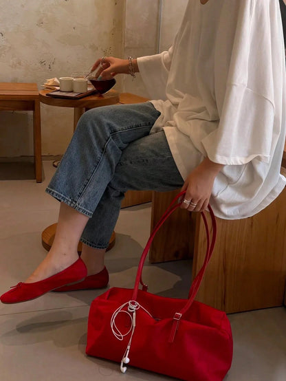 Super Hot Red Nylon Tote Bag For Women 2026 New Lightweight Large Capacity Commuter Handbag Shoulder Underarm Bag
