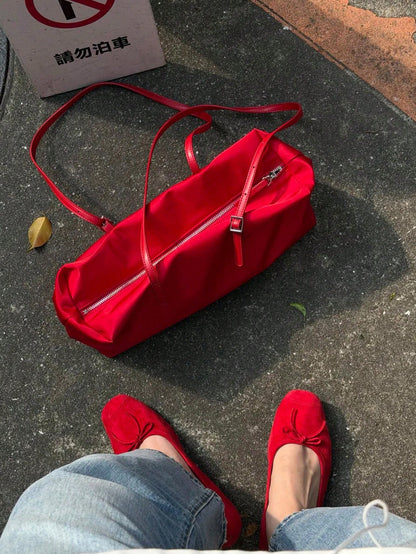 Super Hot Red Nylon Tote Bag For Women 2026 New Lightweight Large Capacity Commuter Handbag Shoulder Underarm Bag