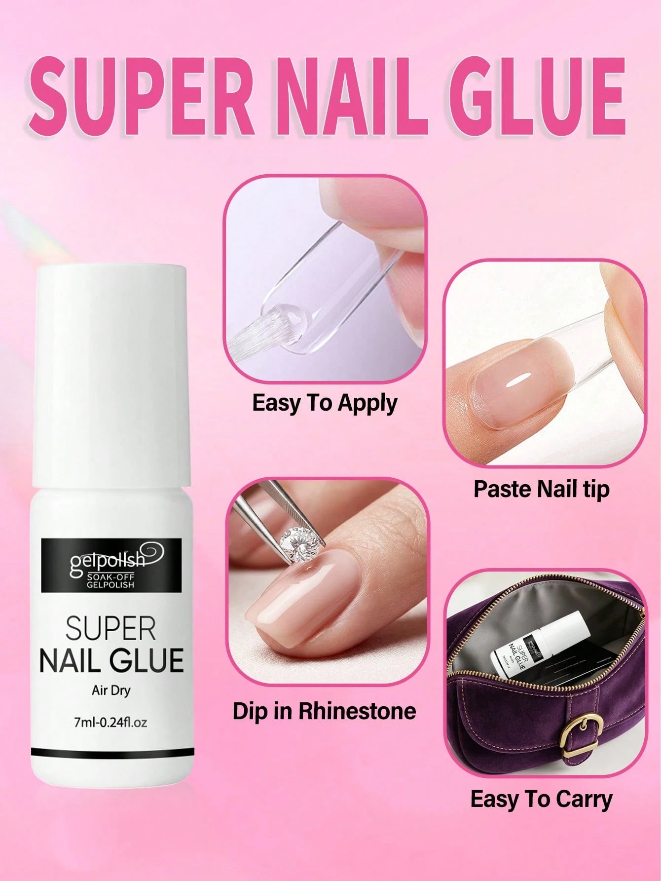 Super Strong Nail Glue For Acrylic Nails,Nail Tips, Press On Nails,Fake Nails, Salon Quality Brush On Nail Glue Easy Application Durable & Long-Lasting False Nail Glue