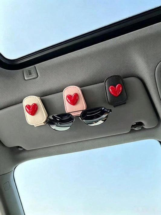 Sweet & Cool Red Heart Car Fashion Glasses Clip, Non-Slip Leather Sun Visor Fashion Glasses Holder, Highly Attractive Car Interior Decor