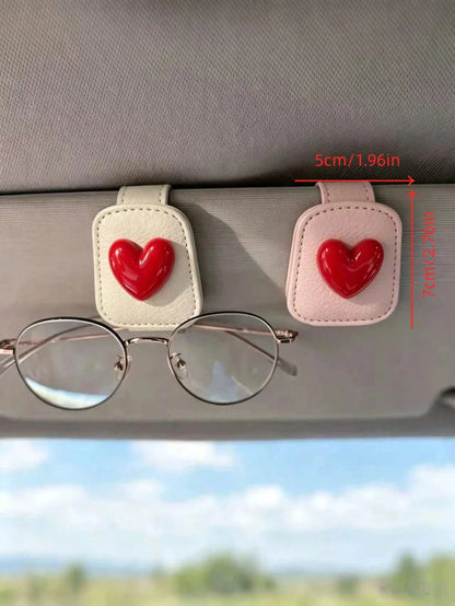 Sweet & Cool Red Heart Car Fashion Glasses Clip, Non-Slip Leather Sun Visor Fashion Glasses Holder, Highly Attractive Car Interior Decor