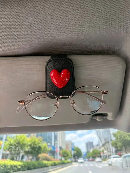 Sweet & Cool Red Heart Car Fashion Glasses Clip, Non-Slip Leather Sun Visor Fashion Glasses Holder, Highly Attractive Car Interior Decor