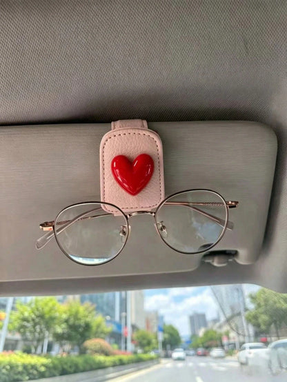 Sweet & Cool Red Heart Car Fashion Glasses Clip, Non-Slip Leather Sun Visor Fashion Glasses Holder, Highly Attractive Car Interior Decor