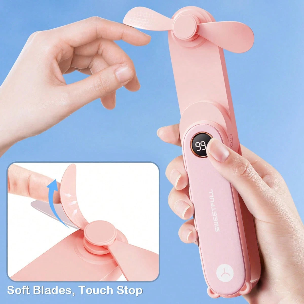 sweetfull Portable Handheld Mini Fan, Foldable Fan, USB Rechargeable Personal Travel Fan With LED Display, Emergency LED Flashlight, Small Air Cooler, Suitable For Desk, Office, Bedroom, Outdoor Trave