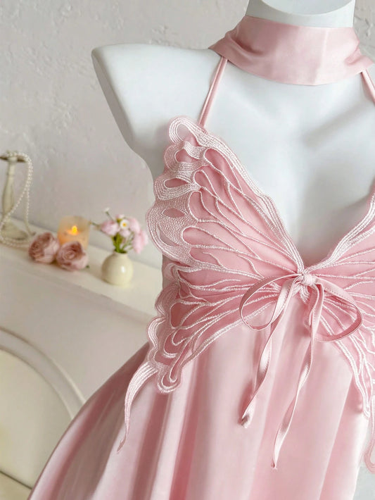 Sweetina Women's Butterfly Decor Halter Neck Sleeveless Mini Pink Dress 4th Of July Women Outfits