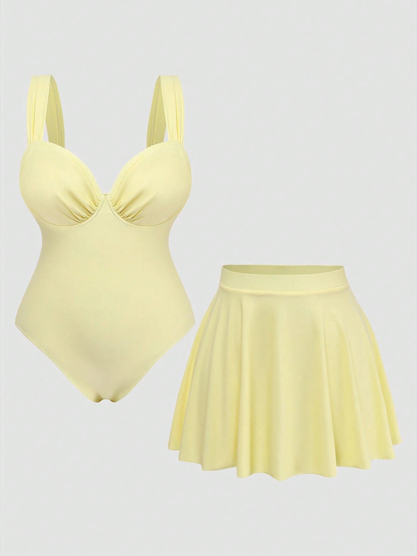 Sweetra 2026 New Basic Sweet Solid Color Ruffle One-Piece Swimsuit For Women, With Cover-Up Skirt, Fashionable Vacation Choice, Plus Size