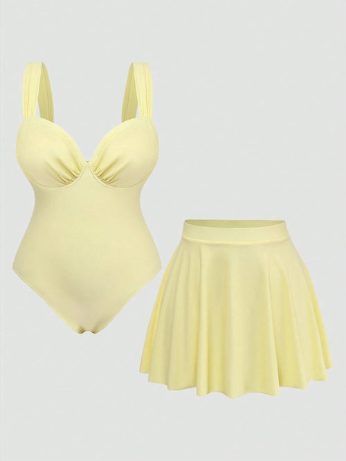 Sweetra 2026 New Basic Sweet Solid Color Ruffle One-Piece Swimsuit For Women, With Cover-Up Skirt, Fashionable Vacation Choice, Plus Size