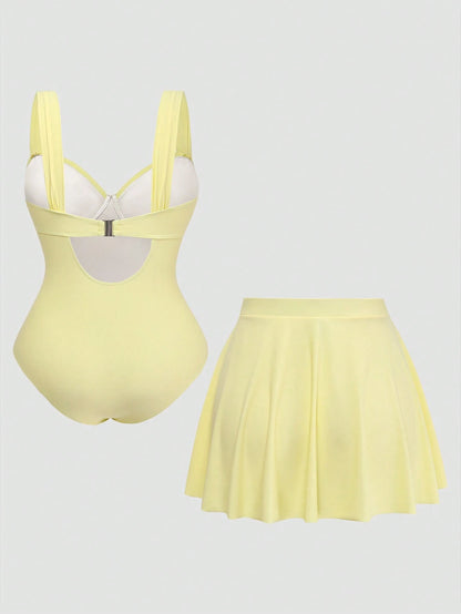 Sweetra 2026 New Basic Sweet Solid Color Ruffle One-Piece Swimsuit For Women, With Cover-Up Skirt, Fashionable Vacation Choice, Plus Size