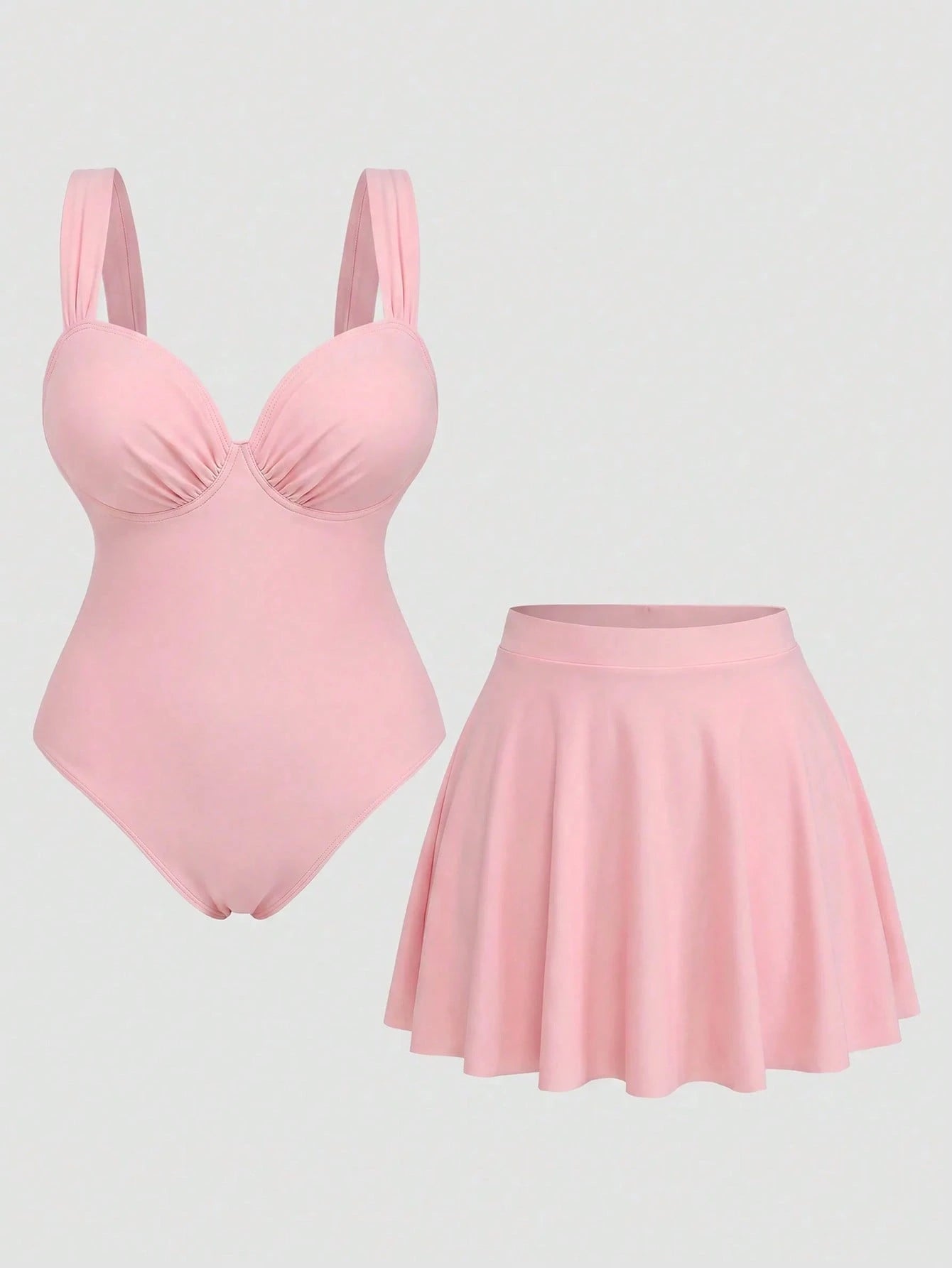 Sweetra 2026 New Basic Sweet Solid Color Ruffle One-Piece Swimsuit For Women, With Cover-Up Skirt, Fashionable Vacation Choice, Plus Size