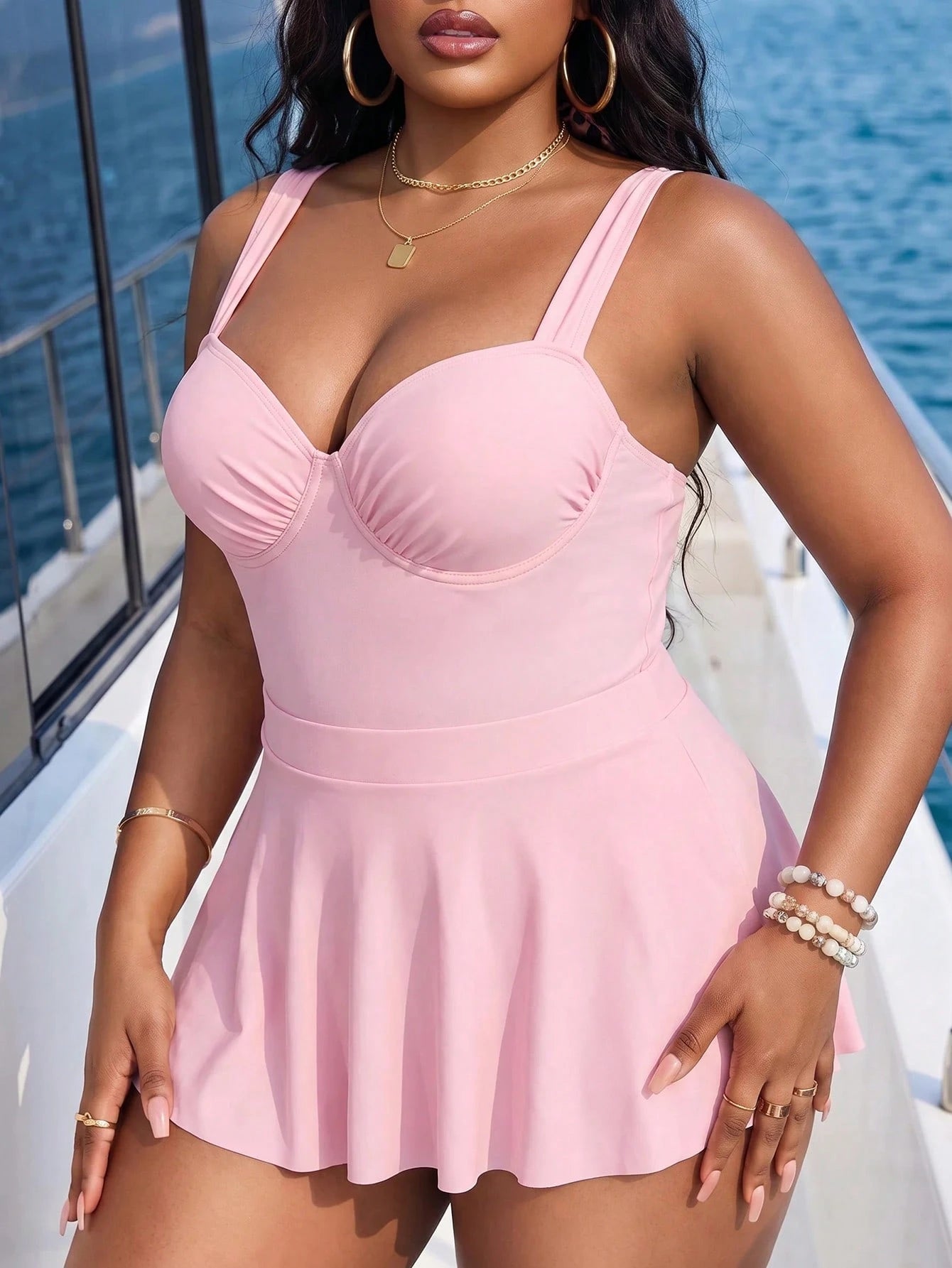 Sweetra 2026 New Basic Sweet Solid Color Ruffle One-Piece Swimsuit For Women, With Cover-Up Skirt, Fashionable Vacation Choice, Plus Size
