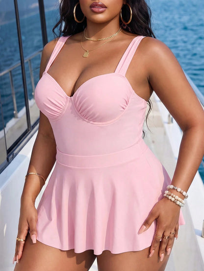 Sweetra 2026 New Basic Sweet Solid Color Ruffle One-Piece Swimsuit For Women, With Cover-Up Skirt, Fashionable Vacation Choice, Plus Size
