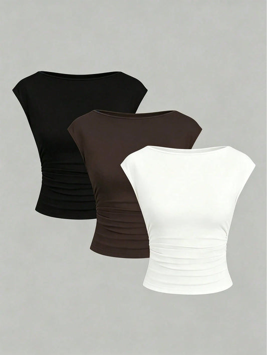 Sweetra 3pcs/Set Sexy Backless Breathable Moisture-Wicking Fitted Short Sleeve Top/T-Shirt For Women