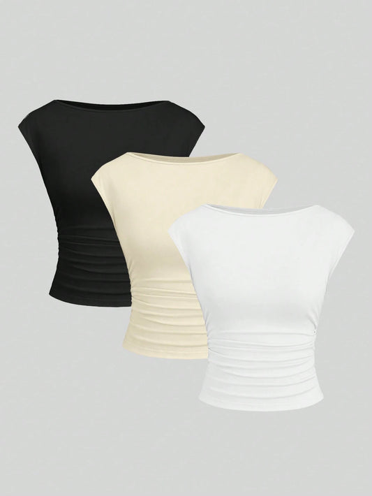 Sweetra 3pcs/Set Sexy Backless Breathable & Moisture-Wicking Short Sleeve Slim Fit Women T-Shirt Tops Set