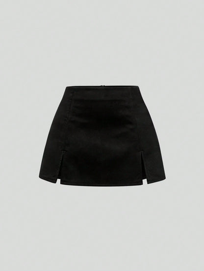 Sweetra Autumn/Winter Maillard Color Suede A-Line Slit Hem Casual Party Mini Skirt For Women