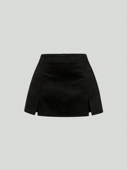Sweetra Autumn/Winter Maillard Color Suede A-Line Slit Hem Casual Party Mini Skirt For Women