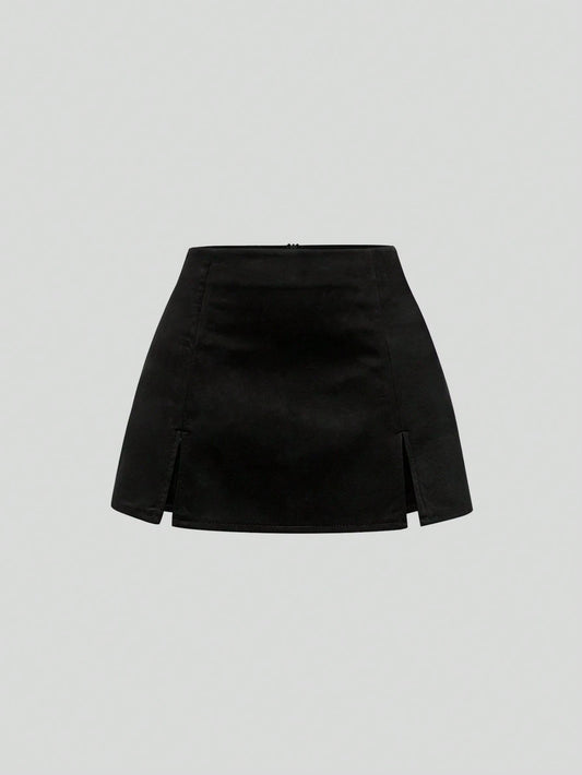 Sweetra Autumn/Winter Maillard Color Suede A-Line Slit Hem Casual Party Mini Skirt For Women