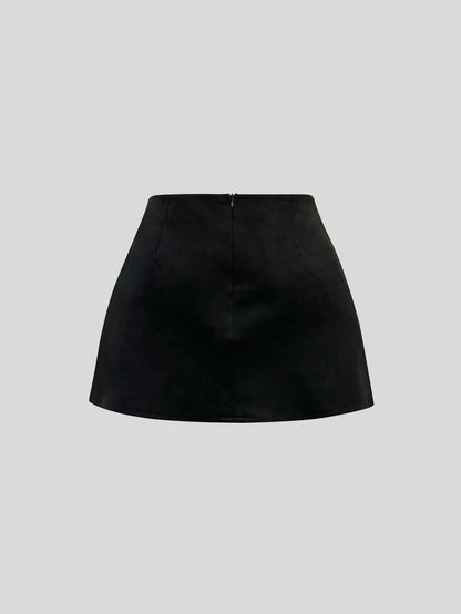 Sweetra Autumn/Winter Maillard Color Suede A-Line Slit Hem Casual Party Mini Skirt For Women