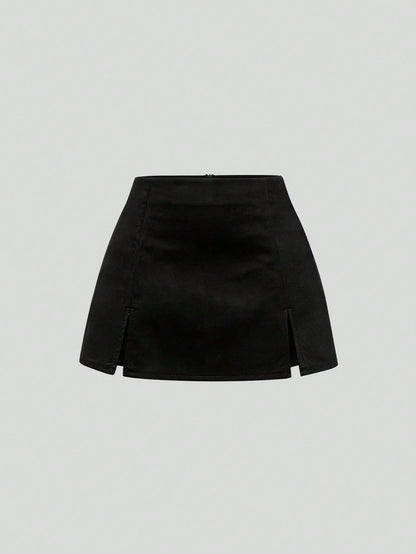 Sweetra Autumn/Winter Maillard Color Suede A-Line Slit Hem Casual Party Mini Skirt For Women