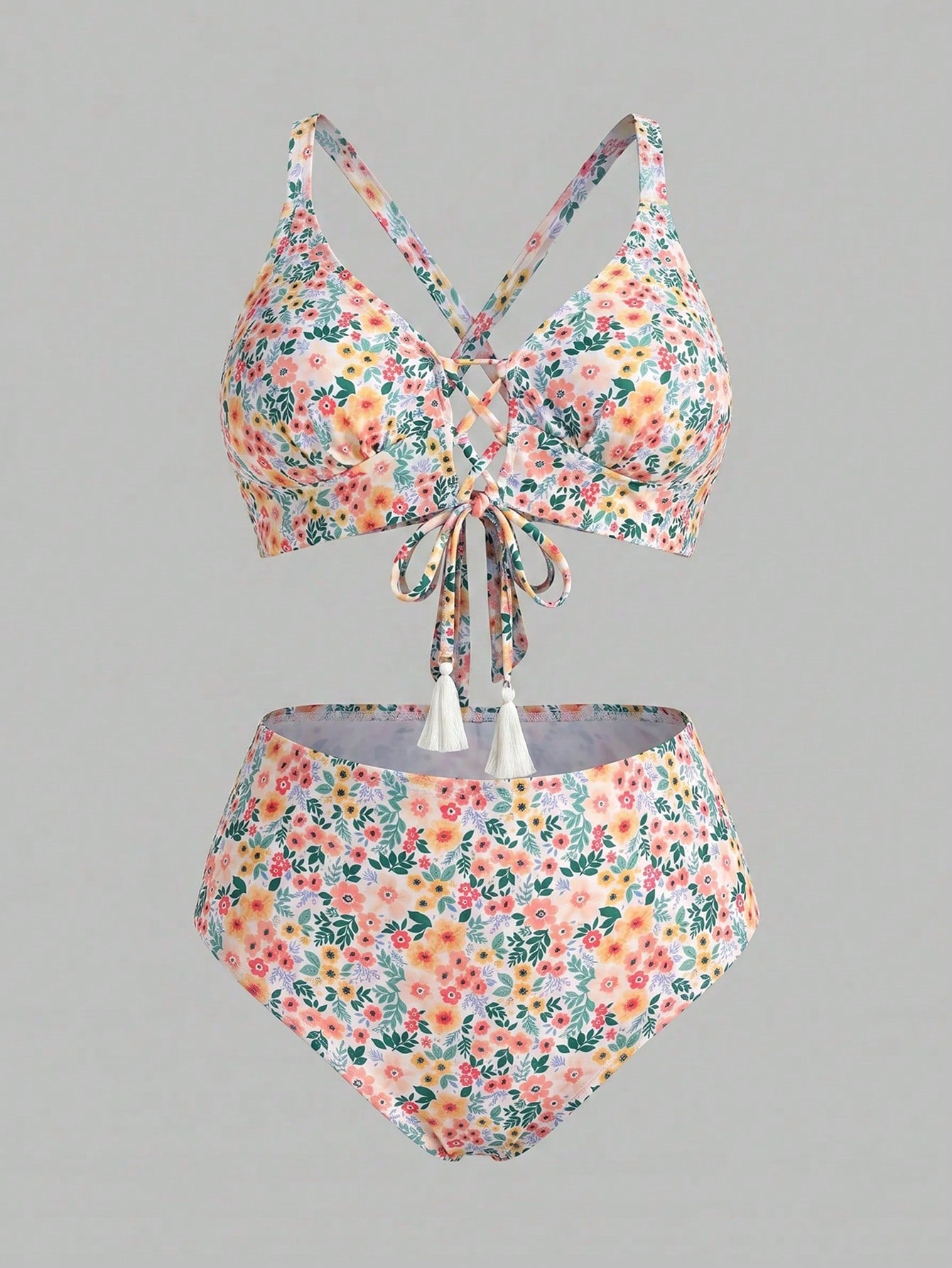 Sweetra CURVE Plus Size Women's Summer Beach Vacation Ditsy Floral Tie-Front Cross-Back Split Bikini Set Set