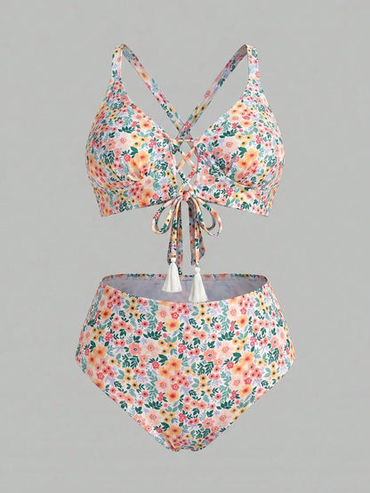 Sweetra CURVE Plus Size Women's Summer Beach Vacation Ditsy Floral Tie-Front Cross-Back Split Bikini Set Set