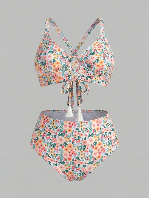 Sweetra CURVE Plus Size Women's Summer Beach Vacation Ditsy Floral Tie-Front Cross-Back Split Bikini Set Set