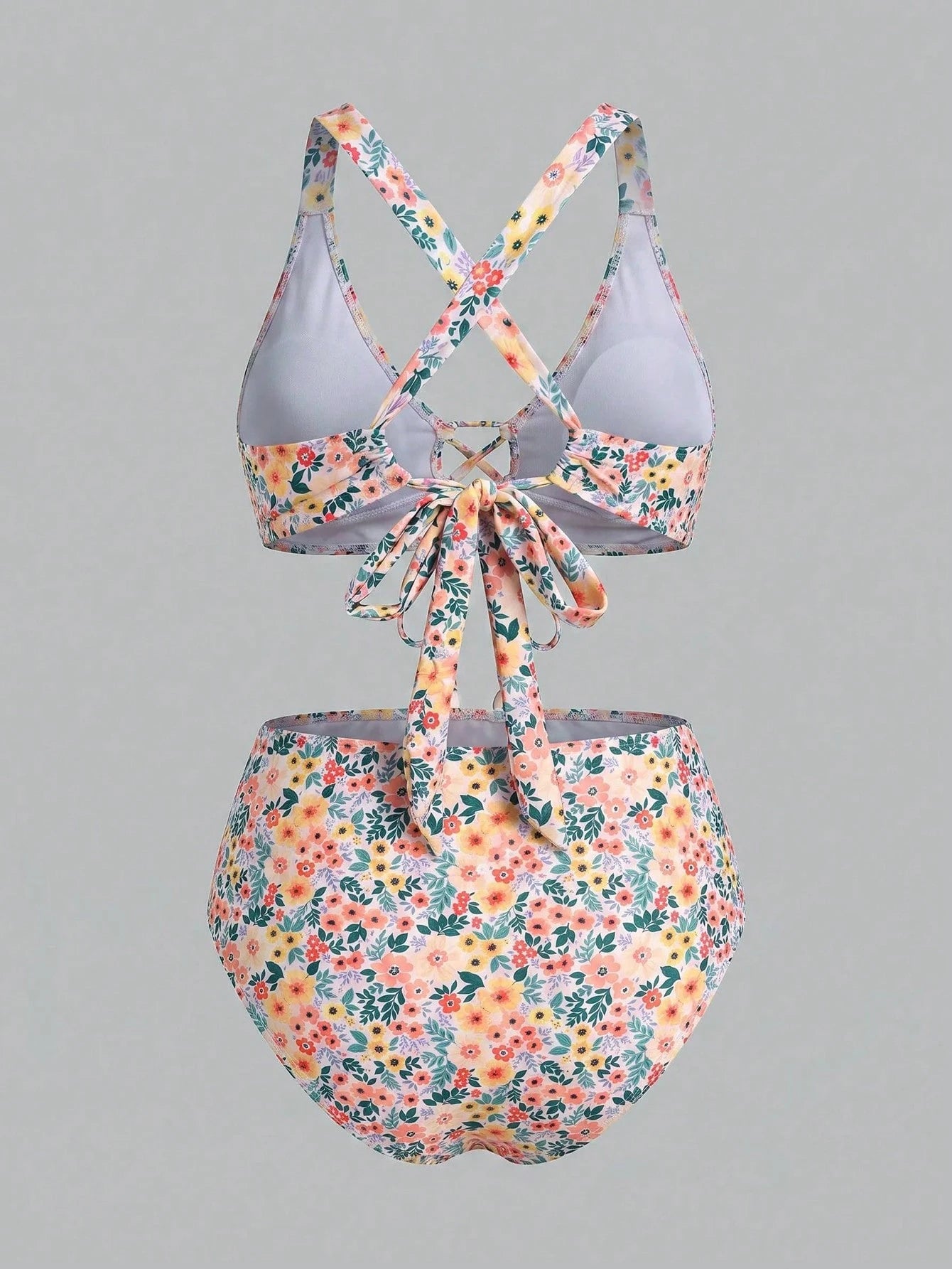 Sweetra CURVE Plus Size Women's Summer Beach Vacation Ditsy Floral Tie-Front Cross-Back Split Bikini Set Set