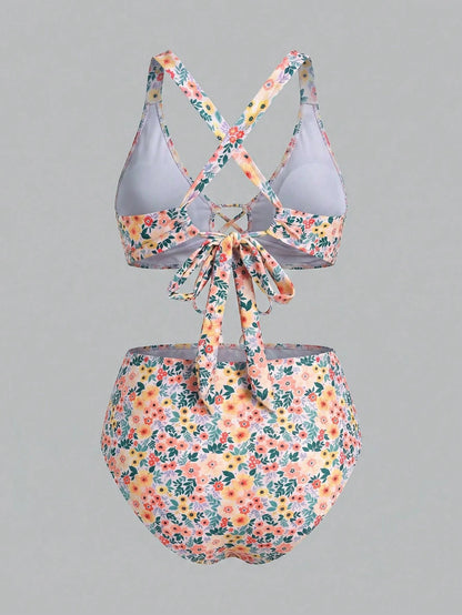 Sweetra CURVE Plus Size Women's Summer Beach Vacation Ditsy Floral Tie-Front Cross-Back Split Bikini Set Set