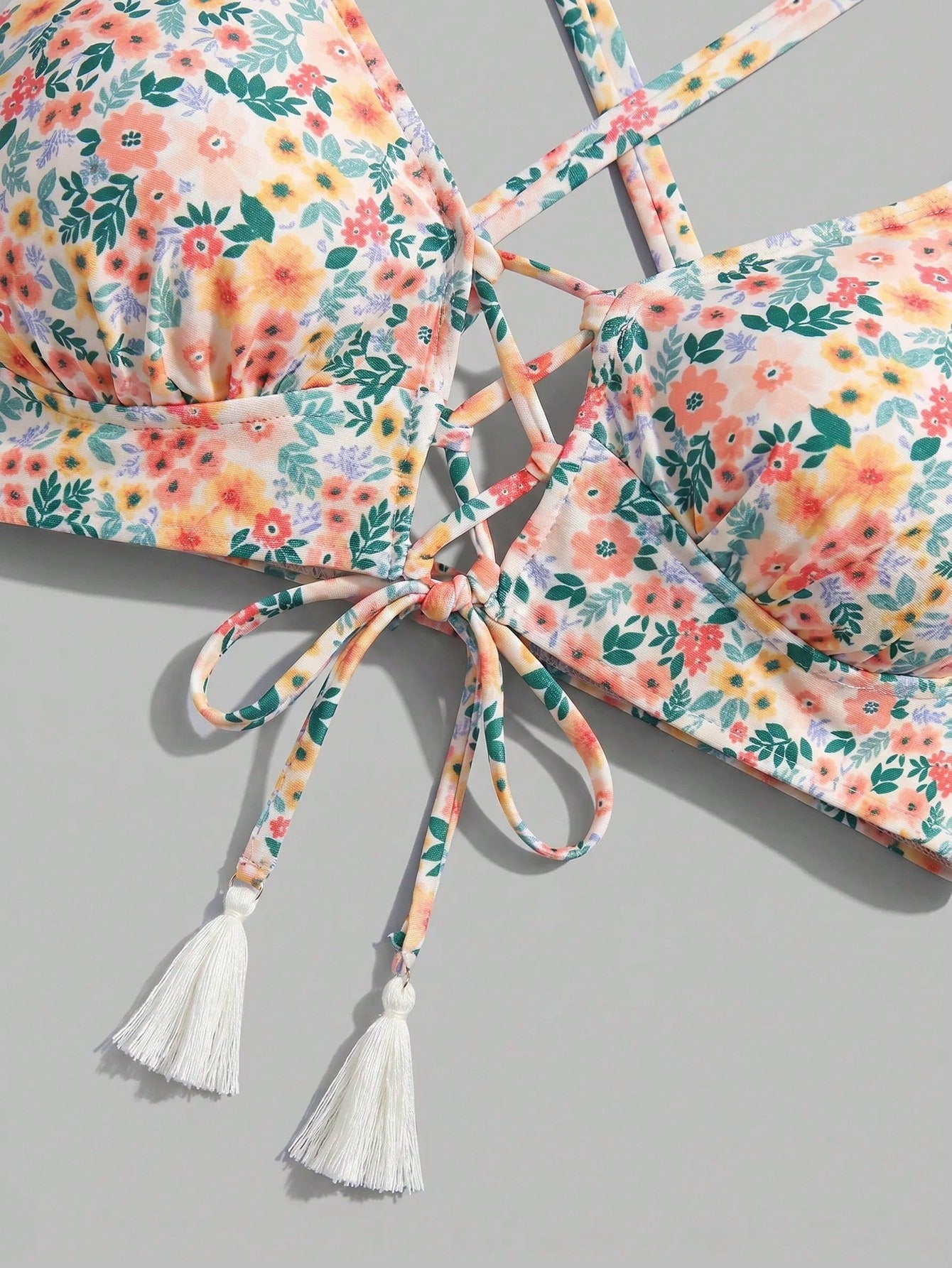 Sweetra CURVE Plus Size Women's Summer Beach Vacation Ditsy Floral Tie-Front Cross-Back Split Bikini Set Set