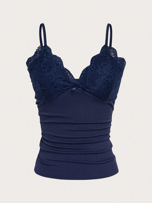 Sweetra Lace Splicing Versatile Daily Spring Summer Camisole Women Tank Top