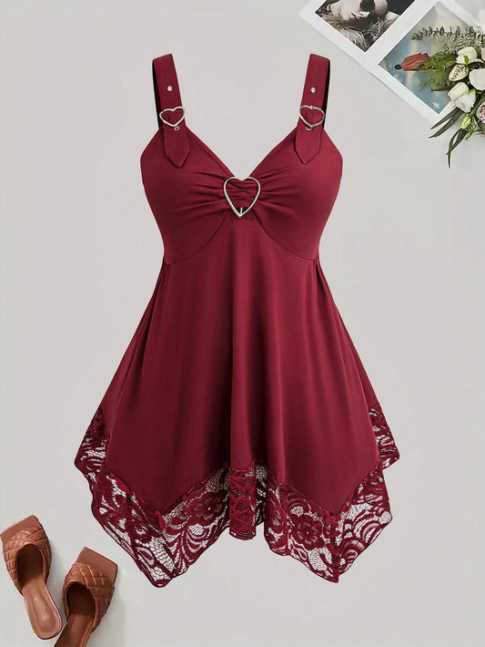 Sweetra Plus Size Women Heart Button Decorated Casual Sexy Waist Paneled Lace Camisole Top, Spring/Summer