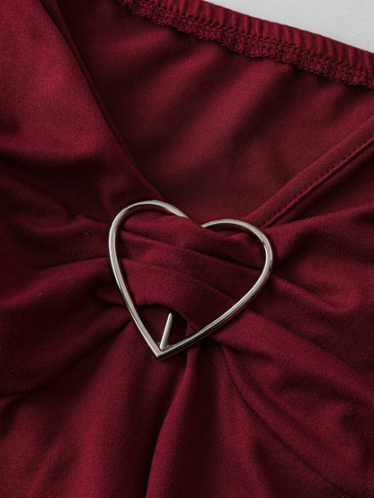 Sweetra Plus Size Women Heart Button Decorated Casual Sexy Waist Paneled Lace Camisole Top, Spring/Summer