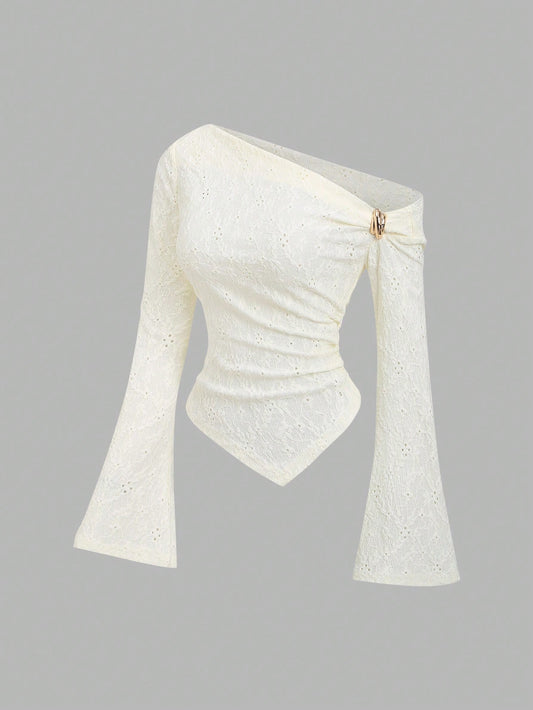 Sweetra Sexy Asymmetric Hem Textured Fabric Casual Top