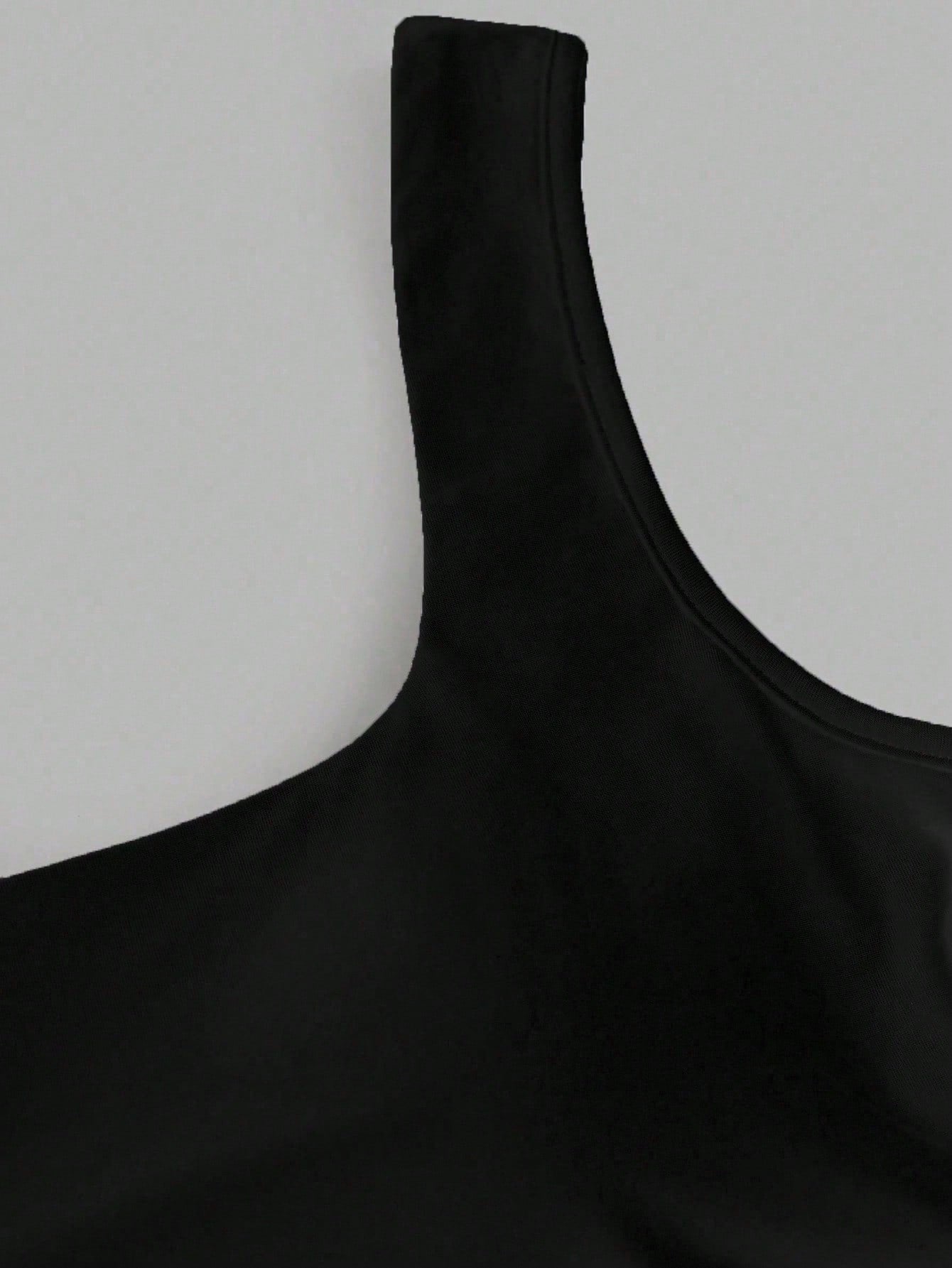 Sweetra Simple Solid Color Wide Strap Pleated Casual Top, Built-In Bra