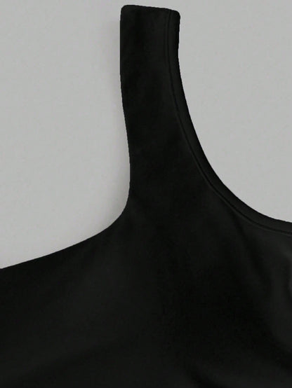 Sweetra Simple Solid Color Wide Strap Pleated Casual Top, Built-In Bra