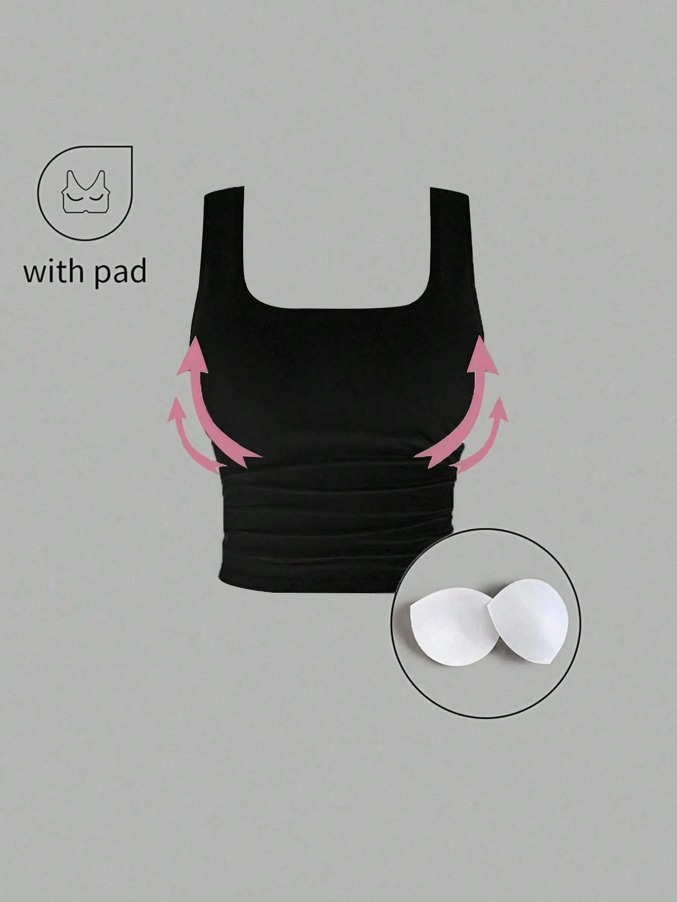 Sweetra Simple Solid Color Wide Strap Pleated Casual Top, Built-In Bra