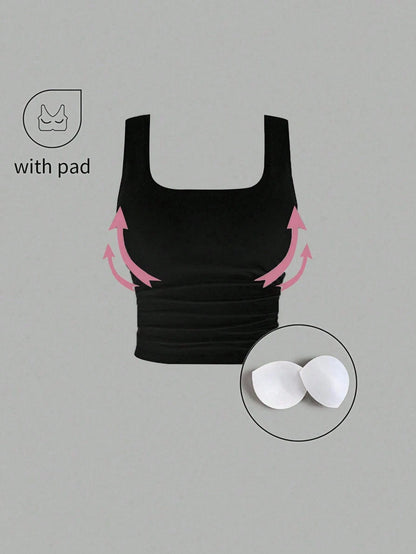 Sweetra Simple Solid Color Wide Strap Pleated Casual Top, Built-In Bra