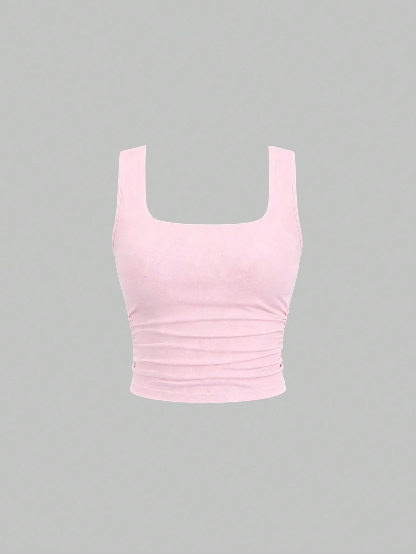 Sweetra Simple Solid Color Wide Strap Pleated Casual Top, Built-In Bra