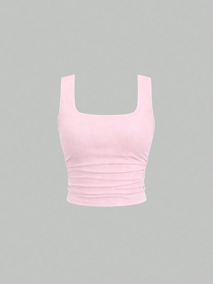 Sweetra Simple Solid Color Wide Strap Pleated Casual Top, Built-In Bra