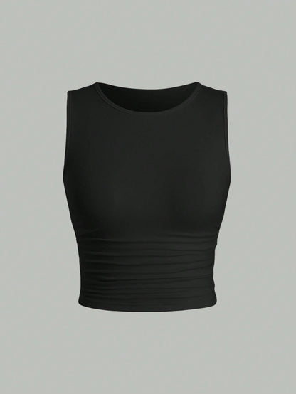 Sweetra Solid Color Pleated Tank Top